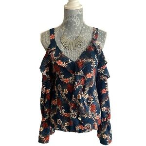 Charming Charlie Cold Shoulder Blue Multicolored Casual Long Sleeve Blouse XL